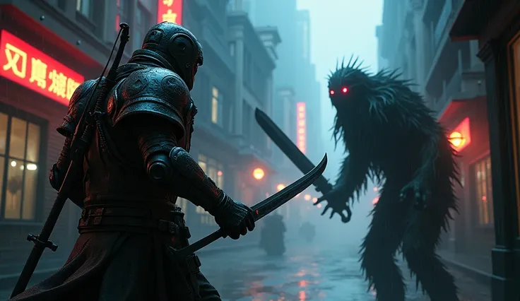 a cyberpunk hunter from Bloodborne, futuristic victorian night city, fighting with clawed shaggy horror, striking it with cyber sword, hi-tech visor on face, hi-tech mask covering mouth, night, neon lights, dramatic lighting, rain, moody atmosphere, hyper-...