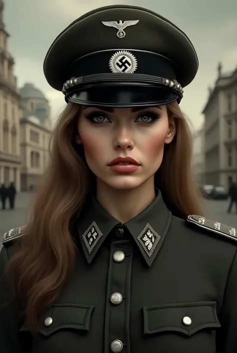 a fantasy propaganda poster, 1 person, german solder, beautiful detailed eyes, beautiful detailed lips, extremely detailed face, long eyelashes, determined expression, Nazi uniform, iron cross, Nazi eagle insignia, totalitarian architecture, dramatic light...