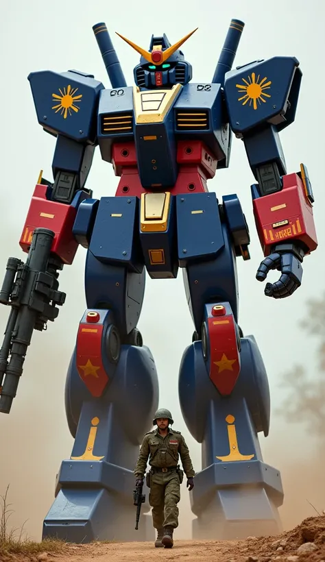 A Filipino soldier marches in front, accompanied by a giant combat robot in blue, red and white with gold details. The robot follows the soldier, inspired by the Philippine flag.