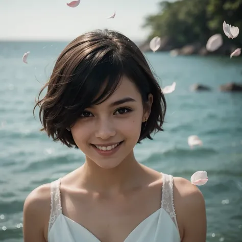 One beautiful and delicate portrait of a playful cute young woman with short boyish hair, black hair, emerald green sea, mischievous smile, dancing petals, (top quality, masterpiece, ultra-realistic) and petals floating in the background