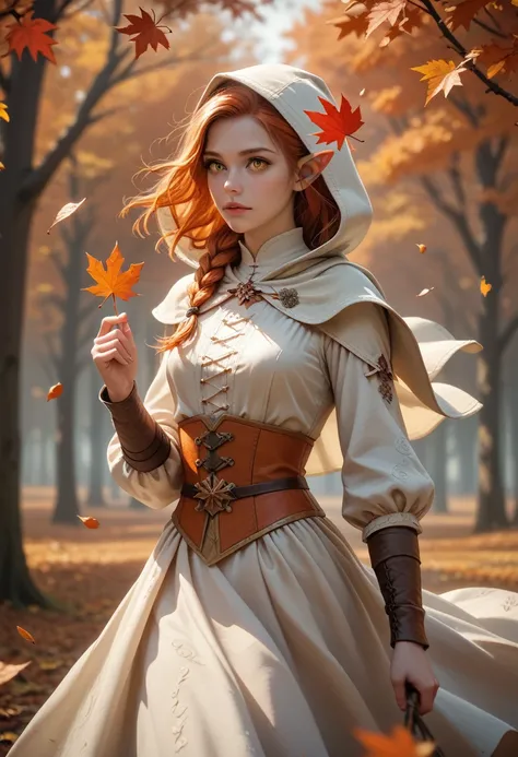 score_9, score_8_up, score_7_up, (masterpiece, UHD, 8K, 16K, ultra detailed), sfw, upperbody shot, 1girl, elf, orange eyes, one side braided hair, ginger hair, holding a red leaf, white dress with hood, intricate details, (murmuring leaves), (wind:1.2), (m...