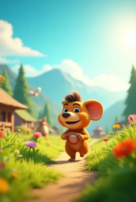 In cinematic 3d cartoon styleDay in the Life of Ramoo 
- Background: A picturesque village setting with lush green fields, a clear blue sky, and distant mountains. The sun is shining brightly. 