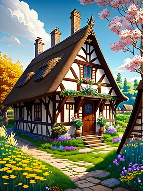  Picture of a traditional cottage in medieval England 、Fairy tale、Vivid picture、 beautiful brown timber frame on bright white wall。ochre thatched cottage 、Flowers surrounding the house 々、The background is a vast hill 、 Bright Blue Skies 