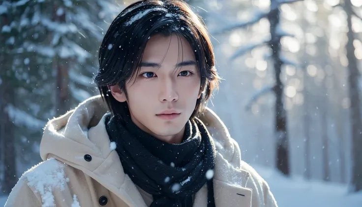 a beautiful japanese man walking through a snowy forest, detailed face and body, snow-covered trees, soft lighting, cinematic, highly detailed, concept art, realistic, photorealistic, 8k, hdr, beautiful detailed eyes, beautiful detailed lips, extremely det...