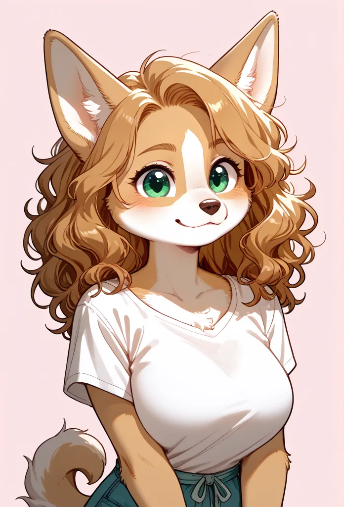 (solo) female anthro corgi furry, wavy hair, fluffy hair, long wavy hair, cat furry, big breasts, attractive, fuzzy tights, fuzz...