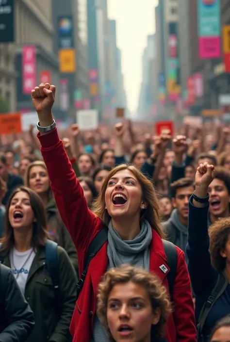 Here’s the English description of the image:

"Create an image where a large group of students is protesting to reclaim their rights. The scene should look realistic, with students holding signs and banners, raising their fists, and showing determination. ...