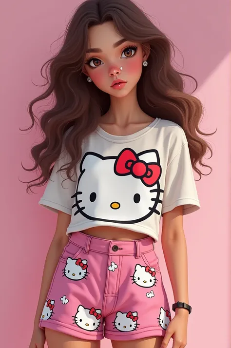 make a girl, 1.56 meters tall, big brown eyes, brown curly hair, dressed in Hello Kitty themed clothes, normal body, septum on the nose  