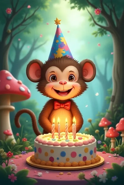 illustration for a fairy tale about a monkey celebrating his birthday