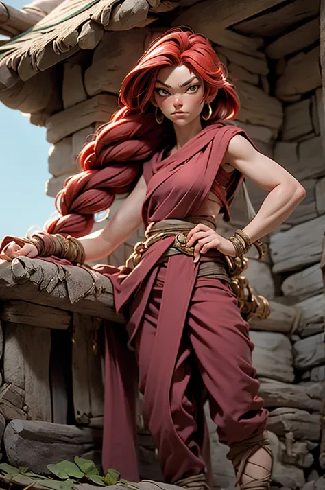 Dwarf woman, red hair, viking braids, bikini top, harem pants with slits, monk, fighter, wrapped bandage dress