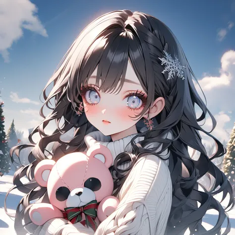 A shot showing all of my head！ゴスロリ系womanの子。 Evangelion Aska 。 3D Gothic Lolita 、woman、Winter clothes、sweater、 muffler 、 Christmas。Holding a teddy bear、cute。beautiful。nice。 long curled eyelashes 。Nail。Hairstyle:  Long Straight Curly Hair 。 clear double eyel...