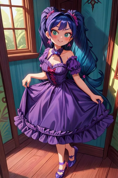 (Masterpiece, best quality) standing indoors with intricate details and sunlight, lavanda violet frilled dress with short neckline, earrings, Midnight Blue shoes, red diadema, Midnight Blue hair, two ponytails, green eyes, mischievous smile, teeth showing,...