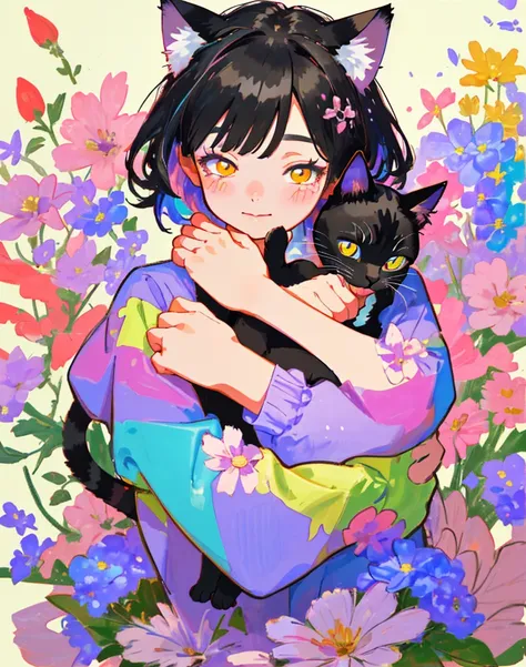  Hi-Res, colorful ,flower,cat(animal)Girl with black hair hugging, close-up 