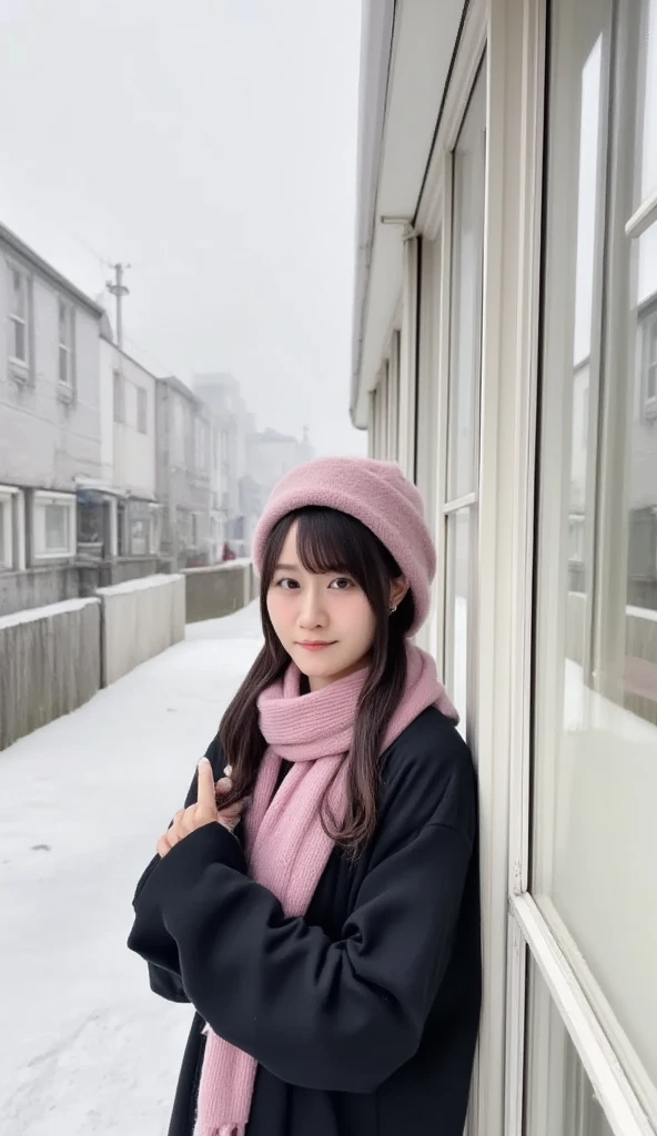 The background is the cityscape of Hokkaido ,(Best Quality、masterpiece、8k、  best image quality、Award-winning works)、 1 girl、(Classy Coat :1.1)、(The perfect pink scarf:1.1)、Soft and delicate light、Dramatic lighting、Street corner where snow is dancing、 roman...