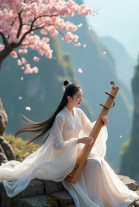 Full details,High definition,Realistic,Cinema,Motion blur,A beautiful young woman is playing the Guzheng,Hair tied with a hairpin,She has black hair,She is wearing a white,sheer,flailing princess dress,She is sitting on a high cliff,Set in China,Smiling an...