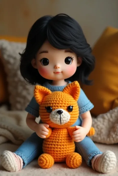 Crochet doll of a girl with medium black long hair with black eyes and a blue shirt with jean pants with her crochet orange tabby cat doll