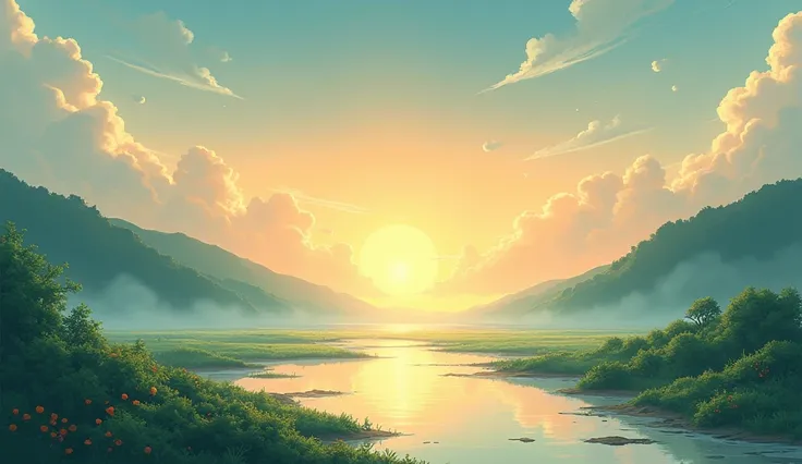  anime style、Sky with clouds 、建物のないlandscape、 I can see the feel of a brush、スタジオGhibli、Ghibli、humid、 Japanese countryside 、The ground is wet、landscape、 style 、Golden Time、 skyline