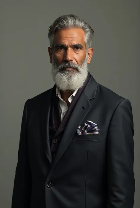 Create a realistic image of a old Indian man age about 58 years old but he looks like a modern model wearing some three piece suit and his beard are looking really gorgeous