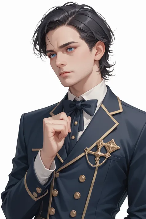 1 butler, wearing regency era butler outfit, black hair, white background,  absurdres, high res, ultrasharp, 8K, masterpiece