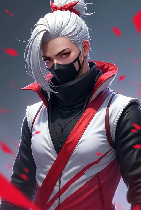  A male Free Fire character  (man). with white hair tied upwards with red tips,wearing a black silk mask ,  wearing a white shirt with red gradient 