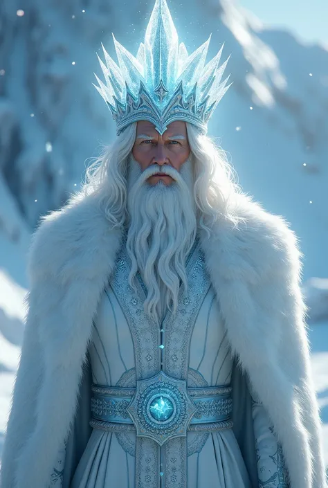  A white-haired man with hair up to his shoulders in an ice crown, In white and blue royal clothes, 