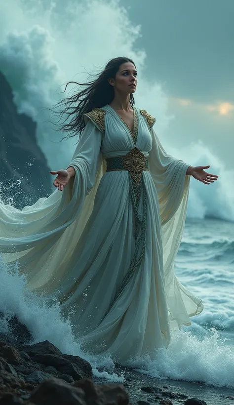 Here is the updated cinematic image with the woman facing forward as she prepares to control the waves behind her. Let me know if there are any other adjustments youd like!