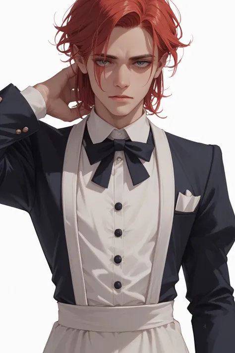 1 butler, wearing butler outfit, red hair, white background,  absurdres, high res, ultrasharp, 8K, masterpiece