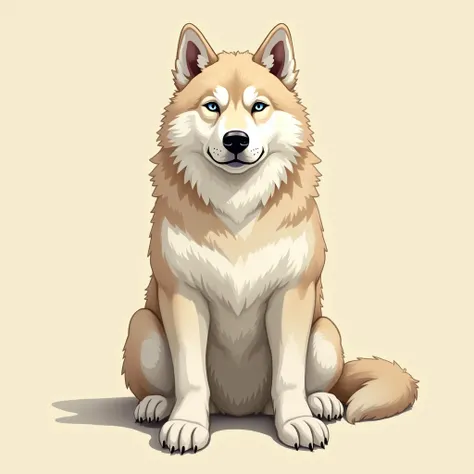 Realistic illustration of an Alaskan dog，light grey-blue eyes，Sit on your tummy，Face forward，Majestic，Awe without anger， Dont smile，BEIGE BACKGROUND 