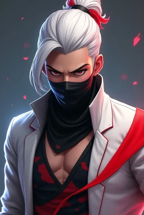  A male Free Fire character  (man). with white hair tied upwards with red tips,wearing a black silk mask ,  wearing a white shirt with red gradient 