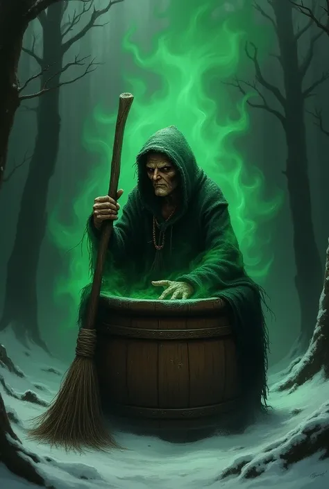 Baba Yaga in the image of an evil old woman, from Russian folk tales, sits in a wooden mortar and with a broom in her hands. Green smoke floats in the air around her. In the winter forest.