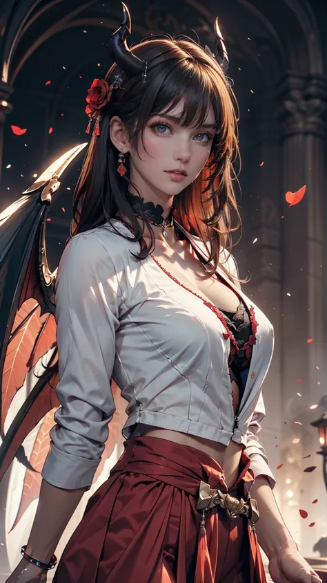 (masterpiece), (Best Quality), (  Details), Light Layer,  shiny skin, (intricate   Details ,  Tight Clothes, ,  demon wings ,Hair accessories :1.2), the above, Black Hair,  black choker , Long Hair, hime cut, woman,  short bang ,  side lock, red eyes, Reta...