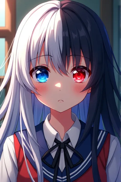  Anime girl with two-tone hair ,  white on the left and black on the right and two-tone eyes, blue on the left and red on the right ,  wearing a Japanese school uniform , rambut panjang