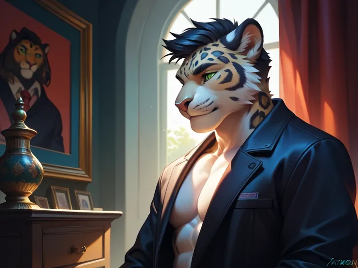 ( alone),(( best quality)), ((masterpiece)), ( detailed),Half Body, male anthropomorphic leopard,  white fur , White skin, white fur , short black hair , Green Eyes,Calm, mature, black casual trench coat,  MUSCLE ,