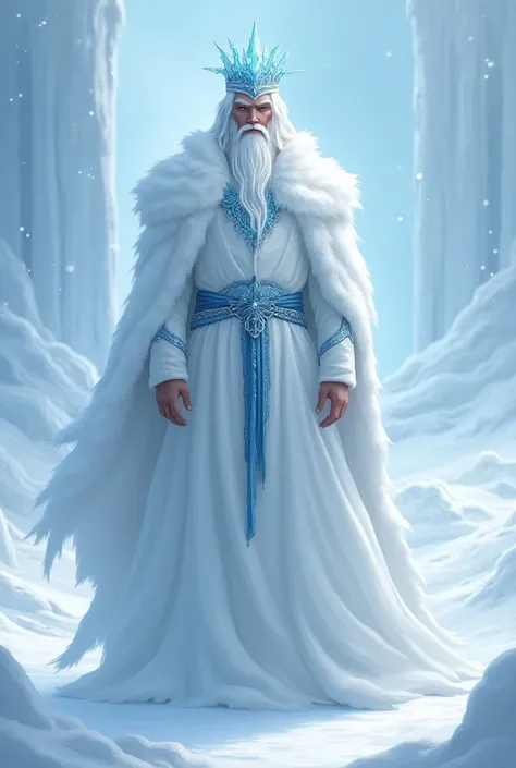 White-haired guy with hair up to his shoulders in an ice crown, In white and blue royal clothes,  