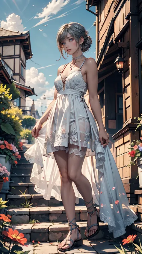  Stairs on the promenade leading to a small hill covered with grass、24 year old Caucasian female、 Silver Hair、Chignon、lace choker、Mini Sheer Summer Dress 、 lace up sandals 、blue sky、cloud、Lots of flowers