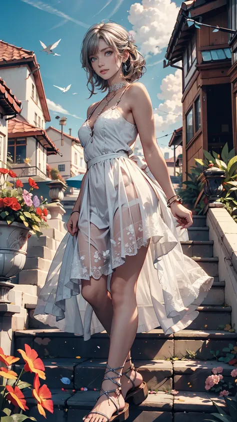  Stairs on the promenade leading to a small hill covered with grass、24 year old Caucasian female、 Silver Hair、Chignon、lace choker、Mini Sheer Summer Dress 、 lace up sandals 、blue sky、cloud、Lots of flowers