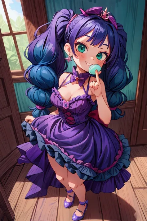 (Masterpiece, best quality) standing indoors with intricate details and sunlight, lavanda violet frilled dress with short neckline, earrings, midnight blue shoes, red diadema, midnight blue hair, two ponytails, green eyes, mischievous smile, teeth showing,...