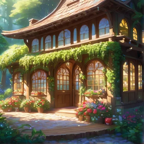 In the forest，Apple cafe，Overall exterior ， cafe are on in the back of the forest、Big door，flower、Minuet、cute、masterpiece、Rich colors、Best Quality、 OFFICIAL ART、 Fantasy 、 colorful 、Nice background、 glitter、 beautiful light and shadow、Clear day