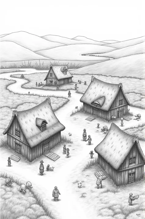 In a rural tranquil setting.  A village with simple life pencil art