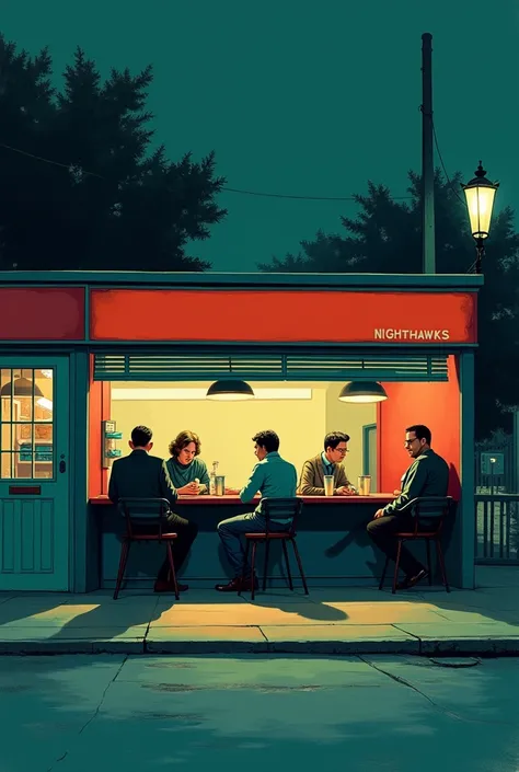 the cafe of drawing by Edward Hopper, in 1942, minimal, surreal, illustration, colorful