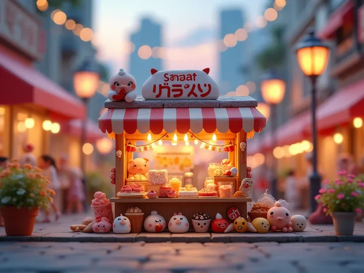 photography set，Miniature Landscape，8K Ultra HD，C4D、 plushie photography ，Big stall stalls，Tasty snacks，Blurred city background，Dusk，Lovely artwork、Promotional rendering、cute digital painting 、 stylized for 3d rendering、