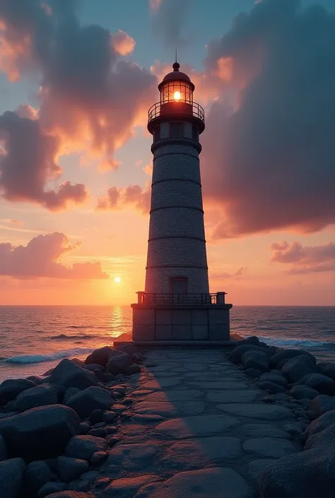 a picture of lighthouse which includes lighthouse, sea, sunset
