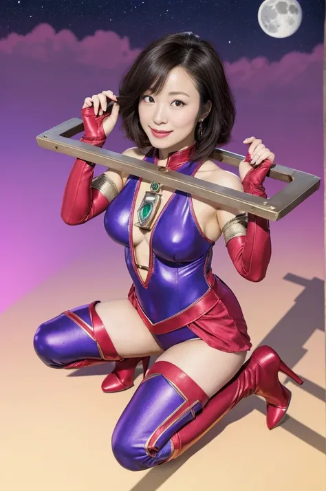 Ueto Aya,masterpiece,Best Quality,  super high definition, (Realistic),  RAW photos from the last century, Octane rendering,  wearing a uitraman costume, 晒し台に have been detained,  resists, ((Pillory1.5)), Iron Pillory, flail on the head, flail on the hands...