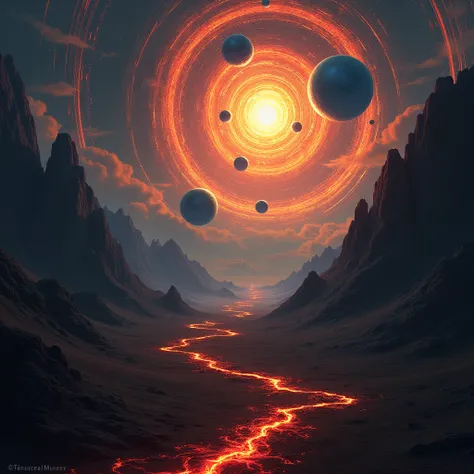 Title: Embers of the Sky

Exhibition Description:
“Embers of the Sky” is a digital artwork evoking a sense of cosmic mystery and distant celestial realms. The piece features planets or burning stars glowing with warm colors, surrounded by rings of light an...