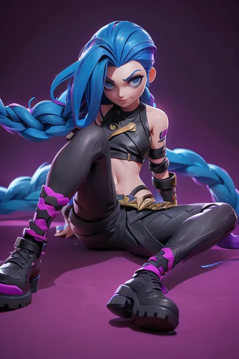 Q version of League of Legends Jinx figure, sitting on the floor, full-length view,