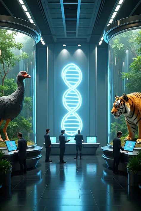 "Futuristic science lab with two large glass containers holding a cassowary bird on the left and a tiger on the right. Both animals are in natural environments within the containers, with lush green plants around them. In the center, there is a glowing DNA...