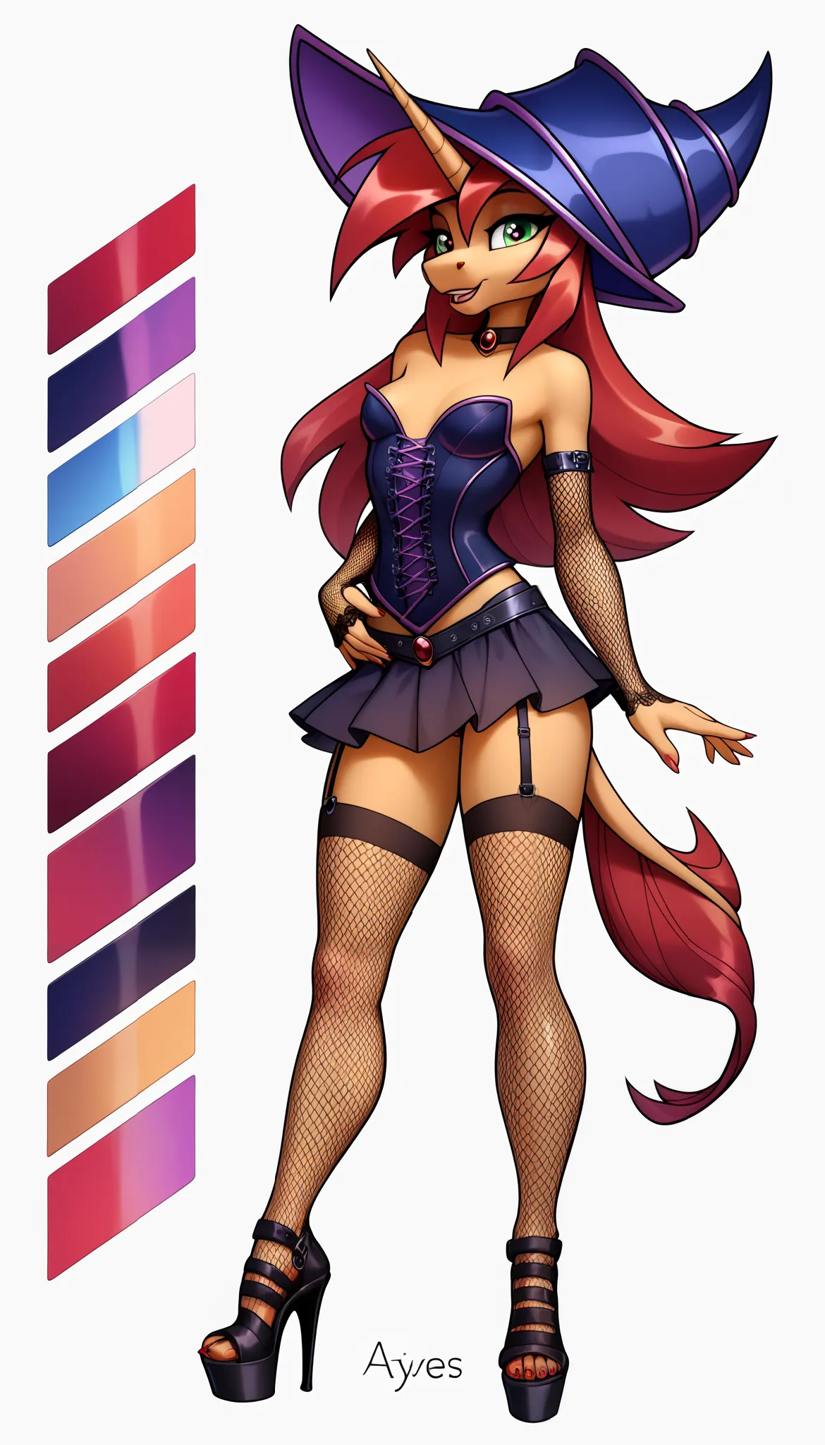 1girl, ((ash color skin)), anthro, unicorn, witch, dark magician, striped stockings, lace elbow glove, fishnet elbow glove, shor...