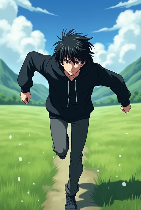 anime, Man, messy black hair, red eyes, wearing a black hoodie, In the wide fields, Not looking at the camera , Running at high speed