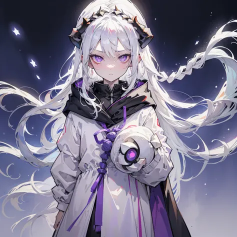 Lonely boy.  thoughtful look . open forehead .  art.  white hair.  BRAIDED ON ONE SIDE .  winding horns wrapped in ribbon.  black and purple eyes .  snow-white cloak with hood .  white shorts .  WHITE T-SHIRT . STOCKING . stone walls moonlight on a winter ...