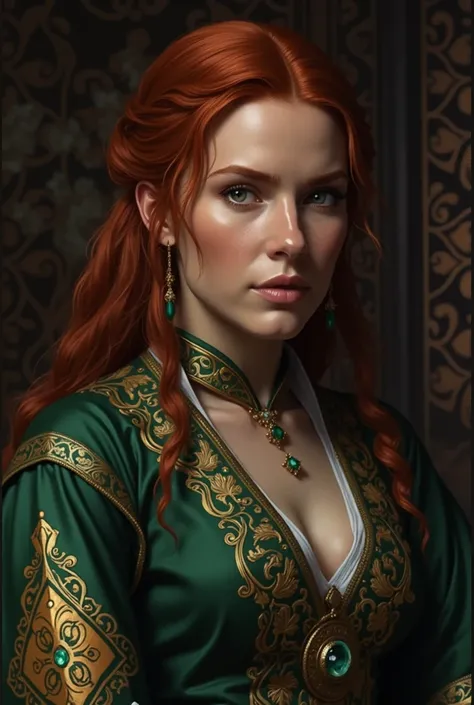 Triss Merigold, a stunning redhead with a tall, slender figure and a graceful hourglass shape, stands confidently at a poolside party. She wears a vibrant emerald-green bikini with a sophisticated design, highlighting her slim waist and full bust. Over the...