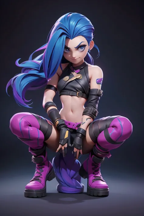 Q version of League of Legends Jinx figure, squatting with one hand on her cheek, legs spread apart, full-length view,